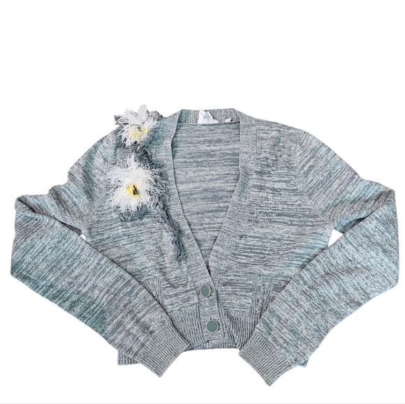 Anthro HWR Monogram Fringe Teal Green Cardigan Sweater - Flaw - Picture 9 of 9